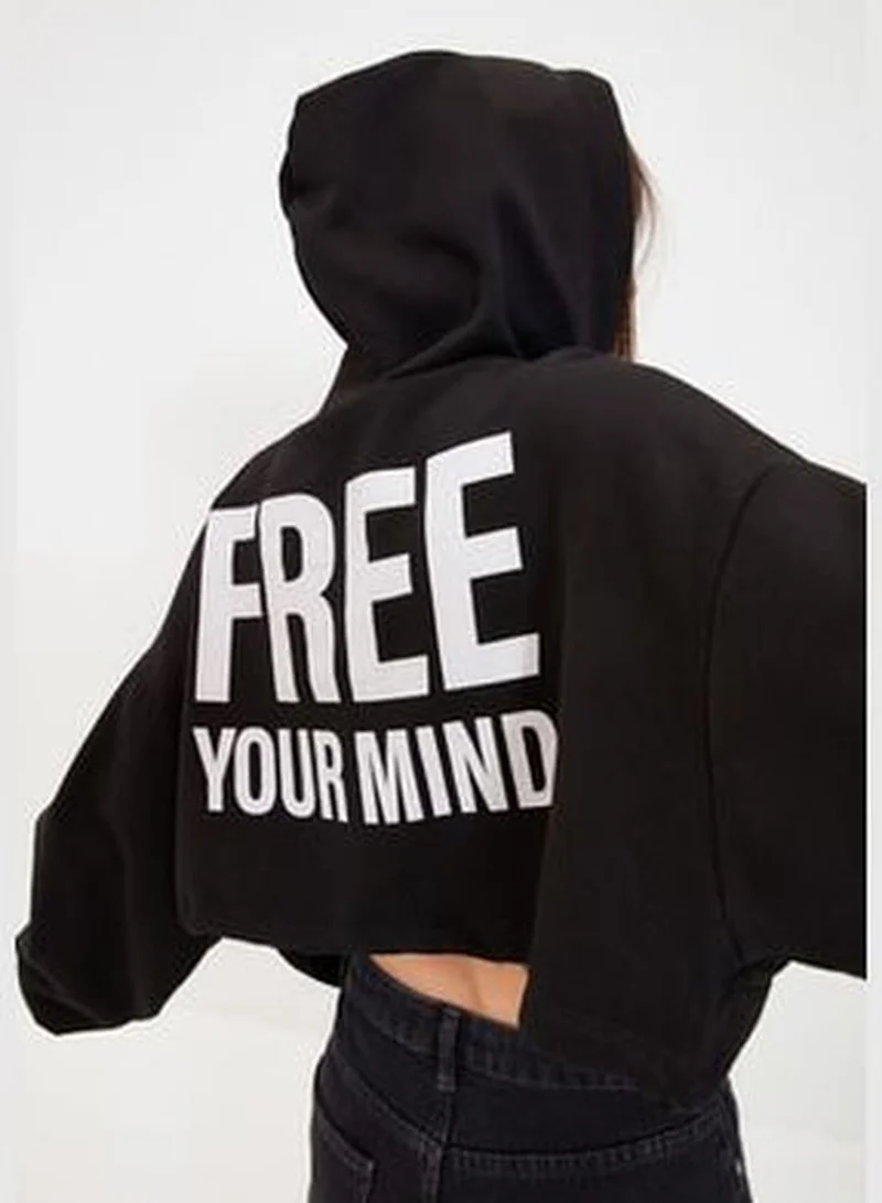 trendyol Black Printed Hoodie and Knitted Sweatshirt with Fleece Inside TWOAW22SW0725