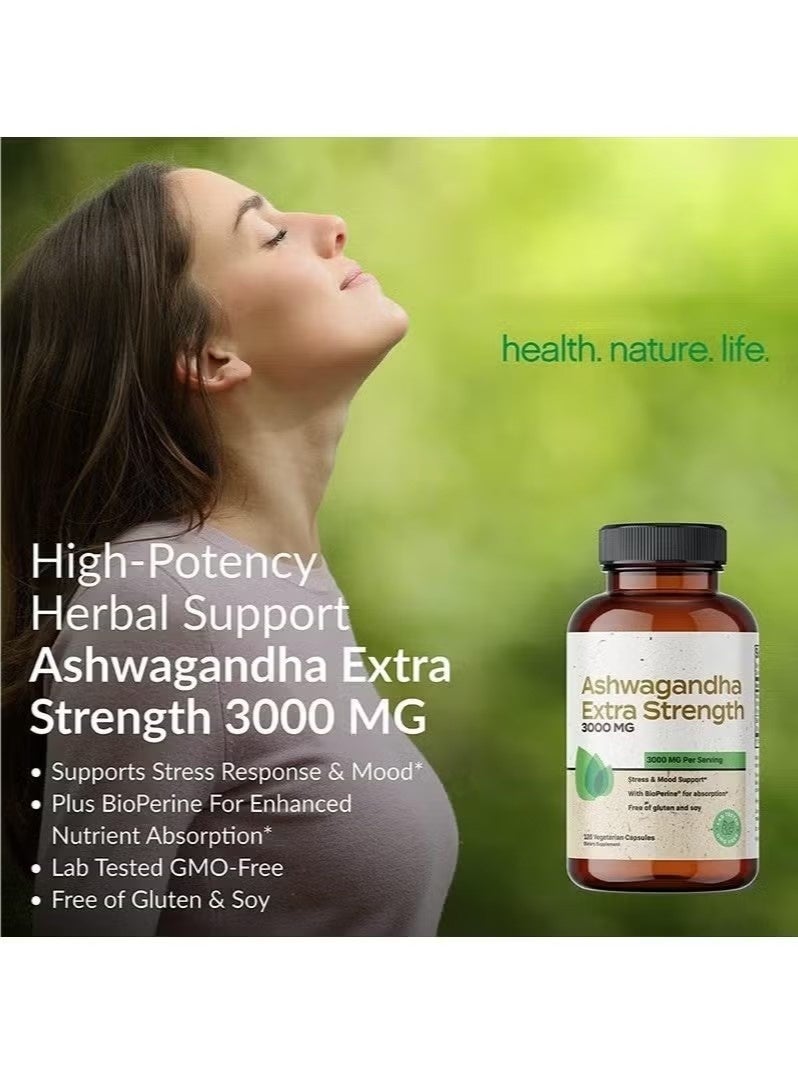 إكسترا Ashwagandha Capsules Extra Strength 3000mg - صيغة تخفيف الإجهاد ، دعم المزاج الطبيعي ، مكمل دعم الإجهاد والتركيز والطاقة ، 120 كبسولة - Image 3