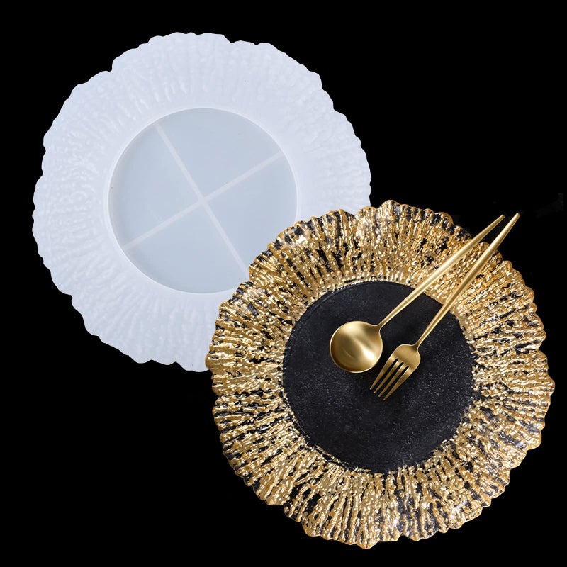 Irregular Tray Mold with Sunlight Edges Round Fruit Tray Silicone Epoxy Casting Mould for Resin DIY Jewelry Plate Trinket Candy Dish Wood Texture Serving Board Home Decor Craft Gift