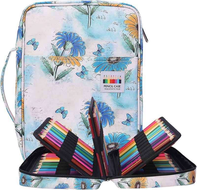 BOMKEE Colored Pencil Case 220 Slots Pencils/Gel Pens Organizer Waterproof Travel Case Zipper Carrying Portable Pencil Markers Pen Holder Bag for Painter Writers School Students (Bellis Perennis) - Image 1