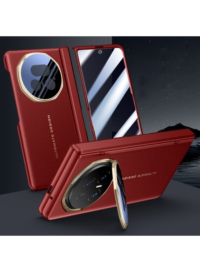 general Compatible with Honor Magic V5 Electroplated Frame Magnetic Hinge Protection Grain Leather Case with Lens Holder Privacy Screen Protector For Magic V5 - Image 1