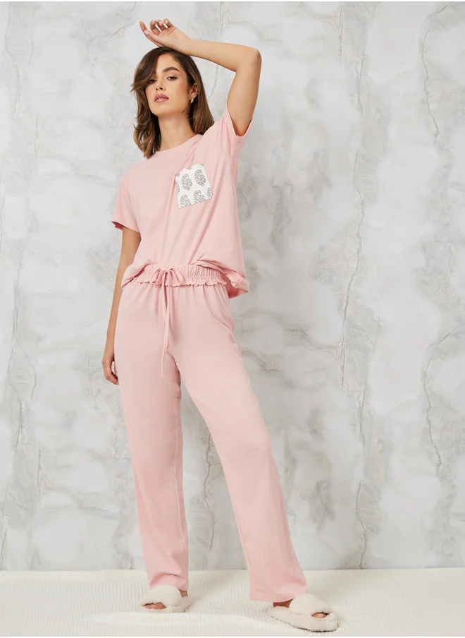 ستايلي Styli Aztec Print Pocket Short Sleeves T-Shirt and Pyjama Set