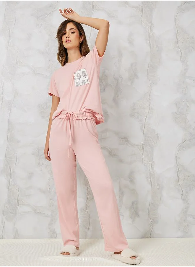 Styli Aztec Print Pocket T-Shirt & Ruffle Waist Pyjama Set