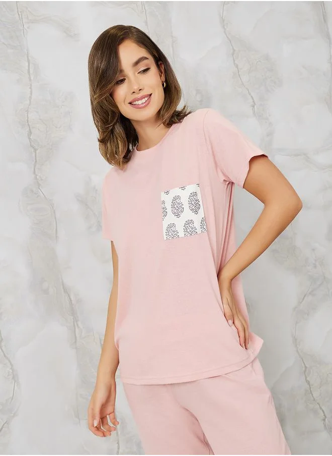 Styli Aztec Print Pocket T-Shirt & Ruffle Waist Pyjama Set