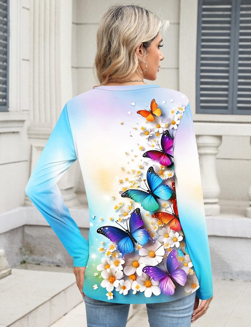 TCOT Long Sleeve Shirts for Women Casual Crew Neck Colored Butterflies Trendy Tops Floral Clothes Dressy Blouses M - Image 3