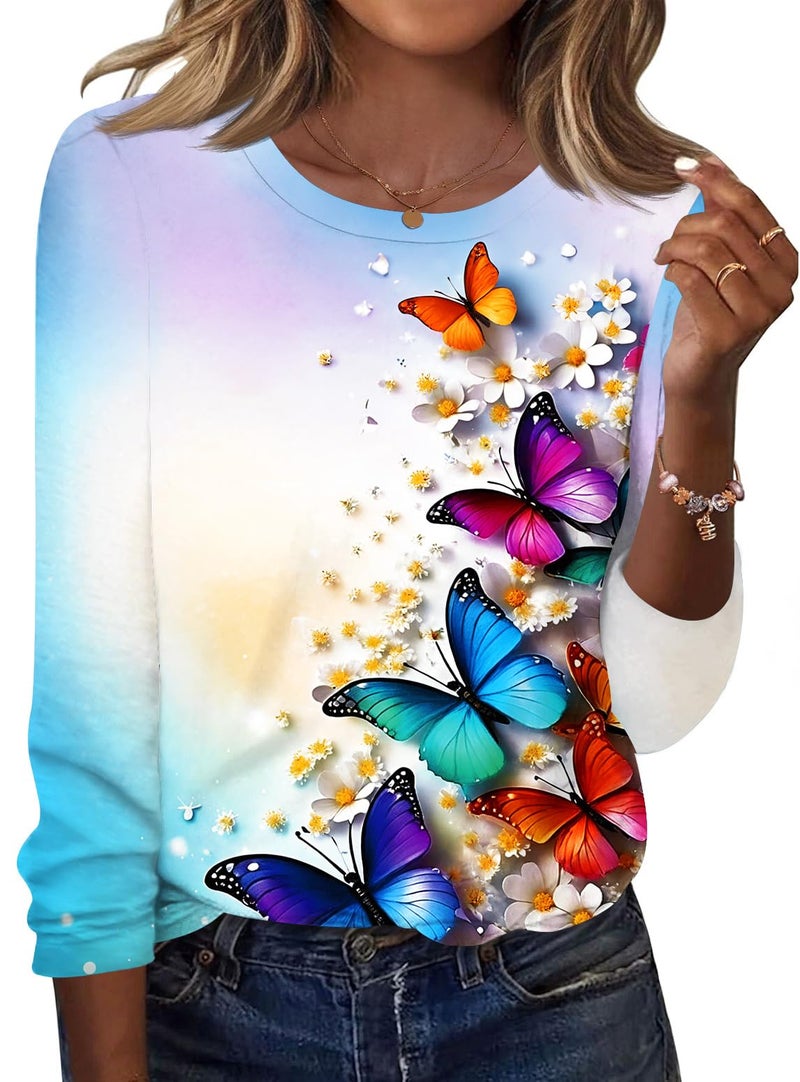 TCOT Long Sleeve Shirts for Women Casual Crew Neck Colored Butterflies Trendy Tops Floral Clothes Dressy Blouses M - Image 1