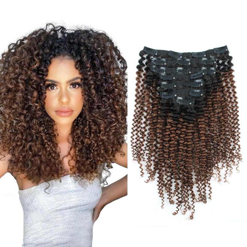 Sassina Thickness Double Wefts Clip In Extensions For African American Black Women Kinky Curly 3C 4A 1B Off Black Fading into Light Chocolate Brown 7 PiecesSet 17 Clips KC 1BT4 16 Inch