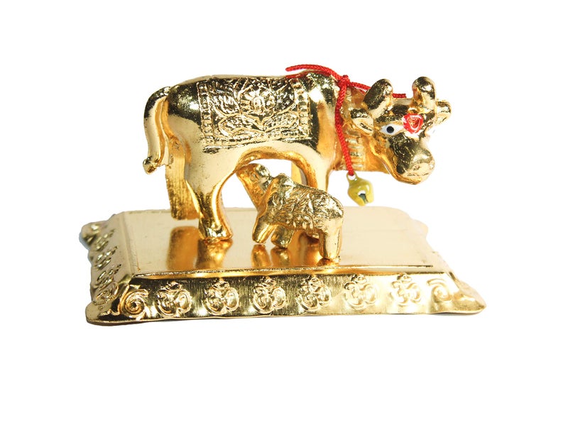 IS4A Kamadhenu Cow Indian Statue Office Table Gold Tone Metal Art