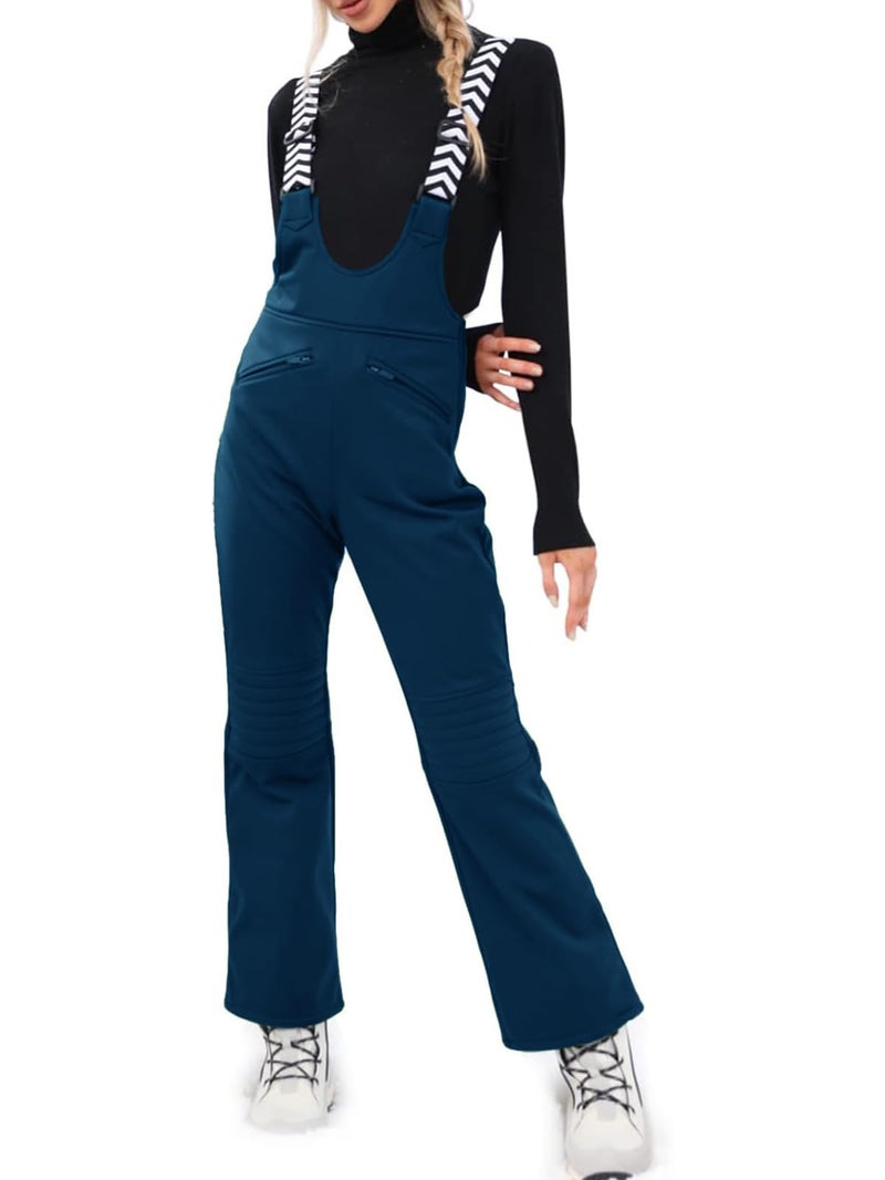 Fisoew Women Snow Bib Overalls Insulated Waterproof Windproof Ski Bibs Pants Breathable Snowsuit Navy - Image 1