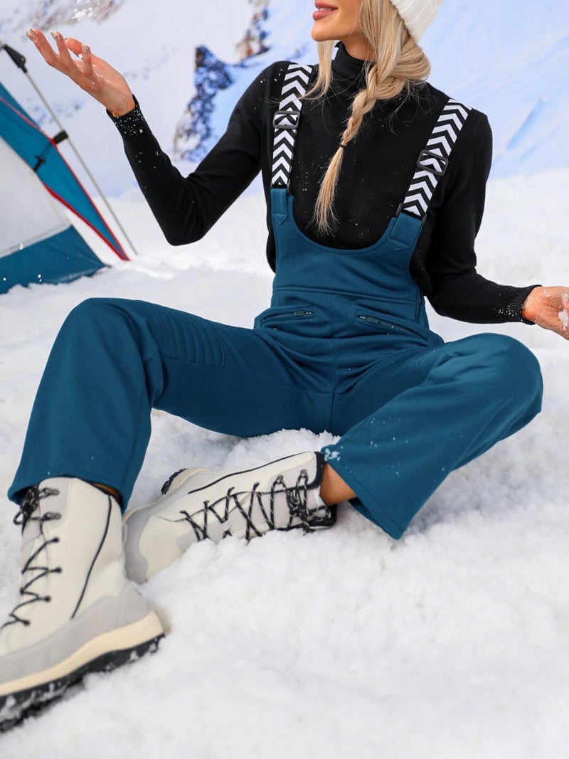 Fisoew Women Snow Bib Overalls Insulated Waterproof Windproof Ski Bibs Pants Breathable Snowsuit Navy - Image 3
