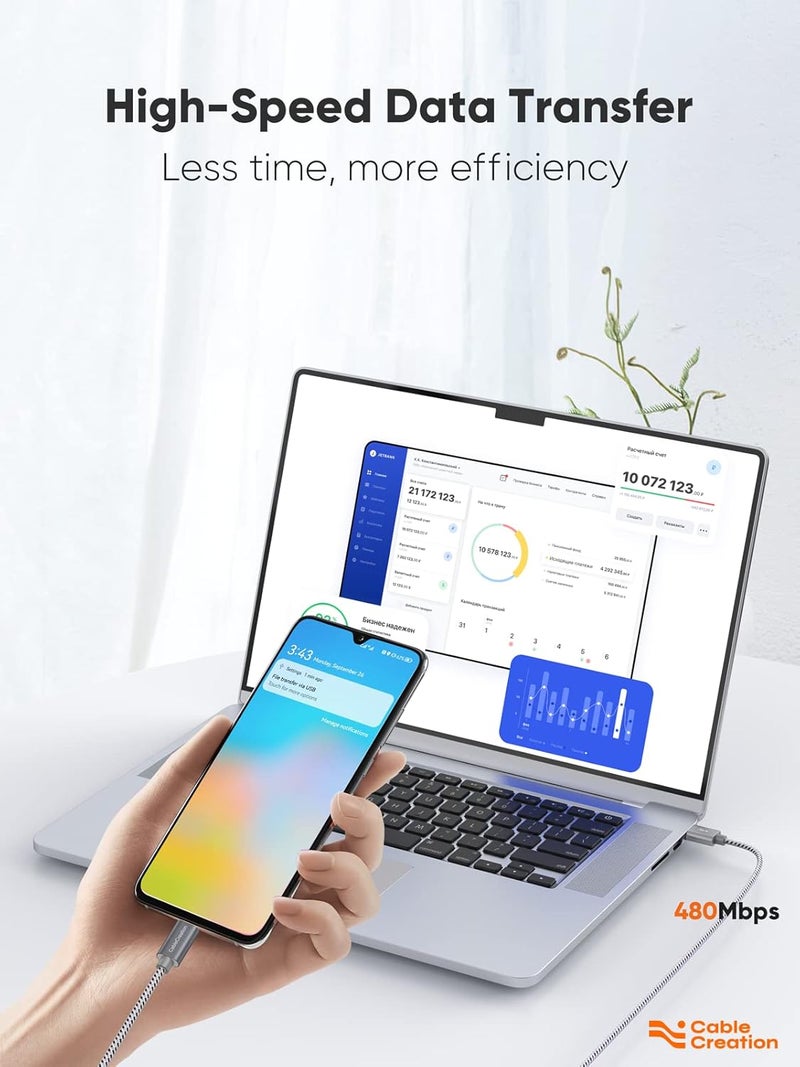 CableCreation كابل USB A إلى USB C بطول 6 قدم، كابل مضفر، شحن سريع 3A 60 واط، بيانات 480 ميجابت في الثانية، متوافق مع MacBook Air وPixel وGalaxy S23 S22 S21، إلخ، 2 متر رمادي فضائي - Image 5