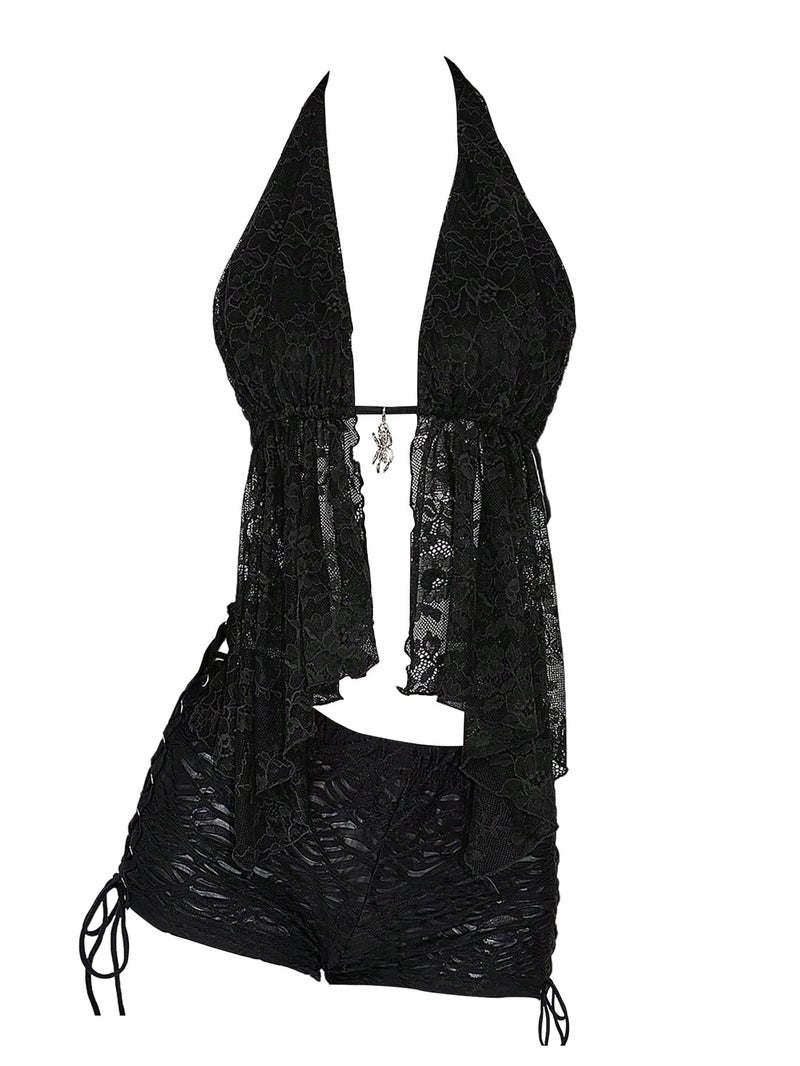MakeMeChic Women's Halter Tops Y2k Going Out Cheetah Print Top Black Lace Large - Image 1