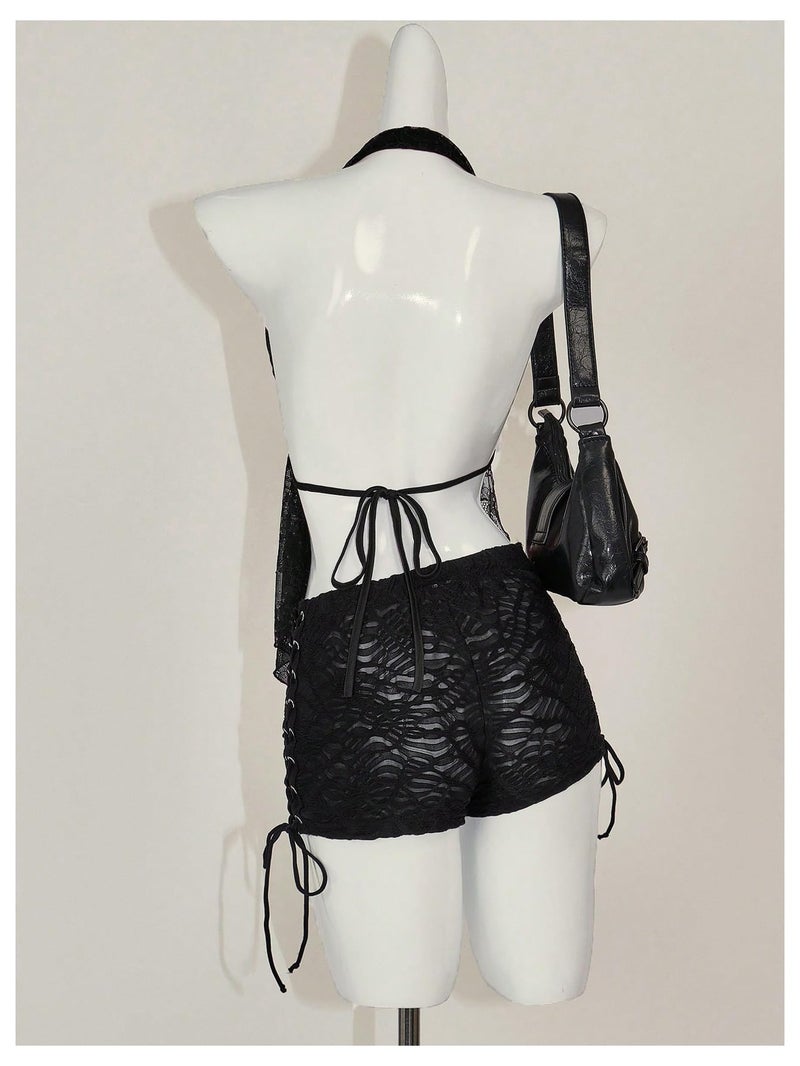 MakeMeChic Women's Halter Tops Y2k Going Out Cheetah Print Top Black Lace Large - Image 3