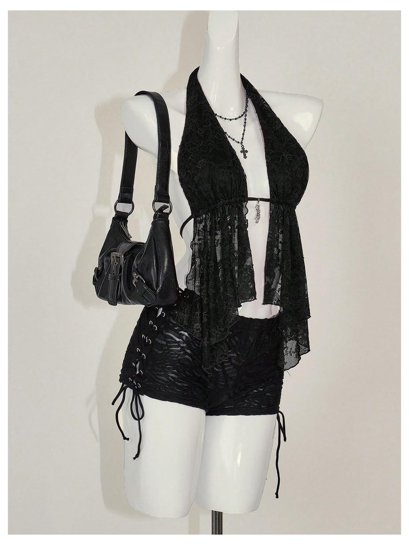 MakeMeChic Women's Halter Tops Y2k Going Out Cheetah Print Top Black Lace Large - Image 2