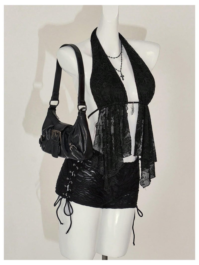 MakeMeChic Women's Halter Tops Y2k Going Out Cheetah Print Top Black Lace Large - Image 5