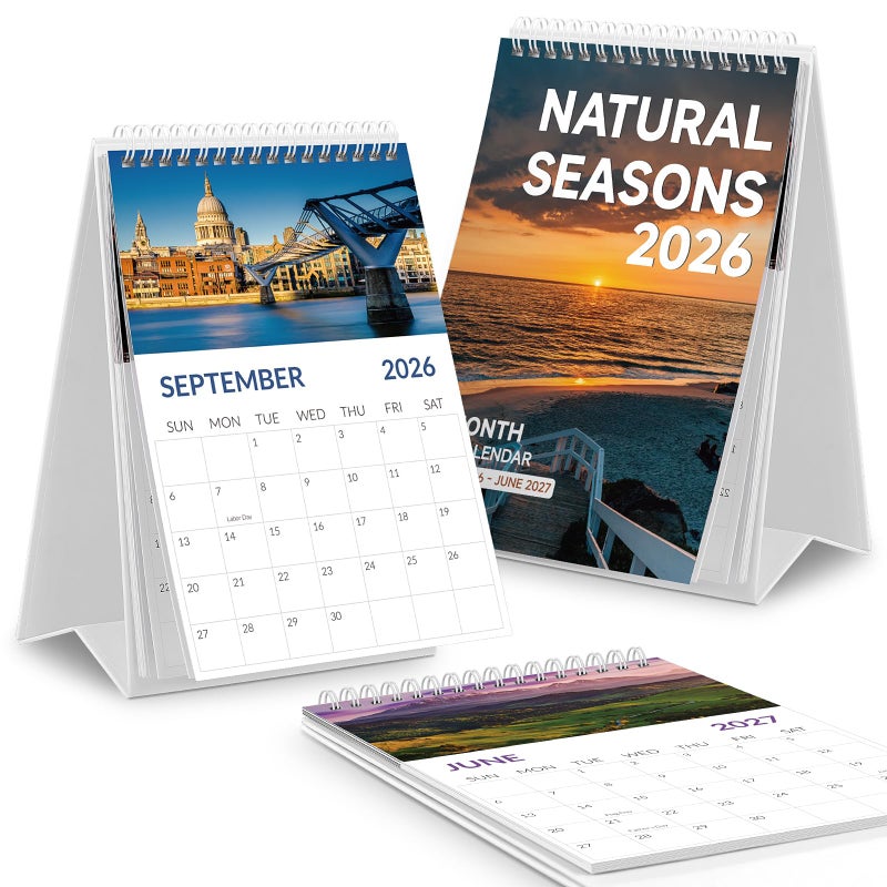 KONVINIT Small Desk Calendar 2026, 18 Months Desk Calendar 2026-2027 - Runs from January 2026 Until June 2027, Standing Flip Desktop Calendar 2026-5.9" x 8.9", A5 2026 Calendar with Dual Coil for Home & Office Supplies, Natural Seasons - Image 1