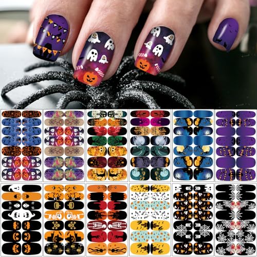 winthrop 12 Sheets Halloween Full Nail Wraps Stickers Nail Polish Strips DIY SelfAdhesive Nail Art Decals Pumpkin Bat Ghost Spider Skull Pattern with 2 Piece Nail Files for Party Decor 168 Pieces - Image 1