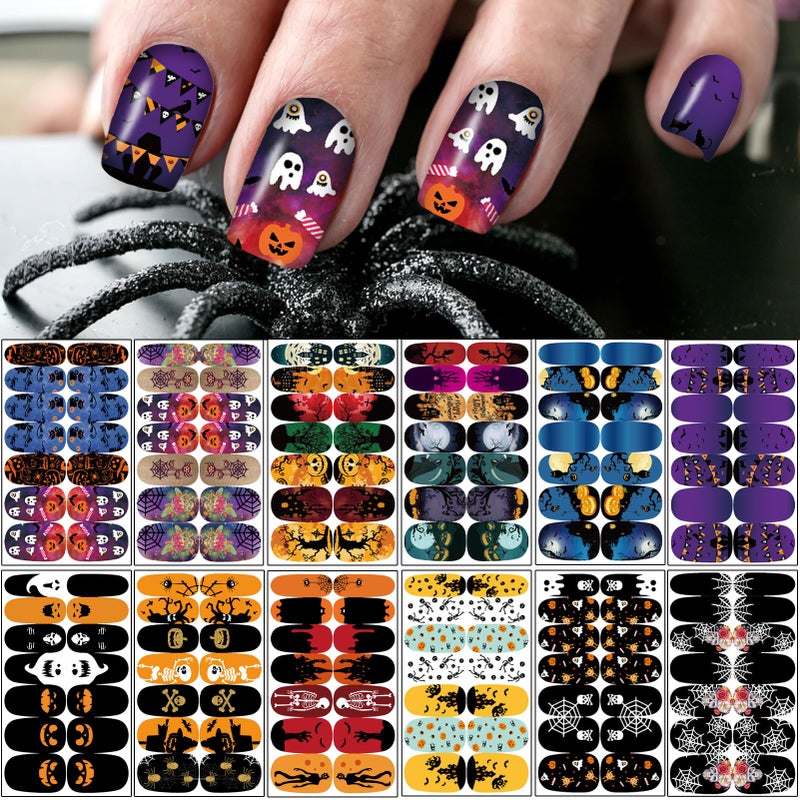 winthrop 12 Sheets Halloween Full Nail Wraps Stickers Nail Polish Strips DIY SelfAdhesive Nail Art Decals Pumpkin Bat Ghost Spider Skull Pattern with 2 Piece Nail Files for Party Decor 168 Pieces - Image 3