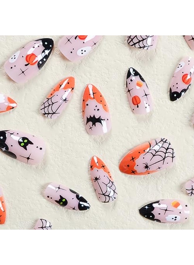 SPLOCUDU Halloween Press on Nails Short Almond Fake Nails Ghost Spider False Nails Designs Cute Halloween Acrylic Nails Full Cover Glue on Nails for Women - Image 3