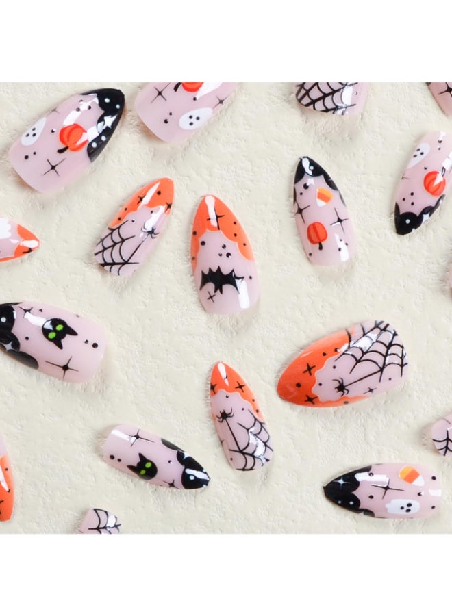 SPLOCUDU Halloween Press on Nails Short Almond Fake Nails Ghost Spider False Nails Designs Cute Halloween Acrylic Nails Full Cover Glue on Nails for Women - Image 4