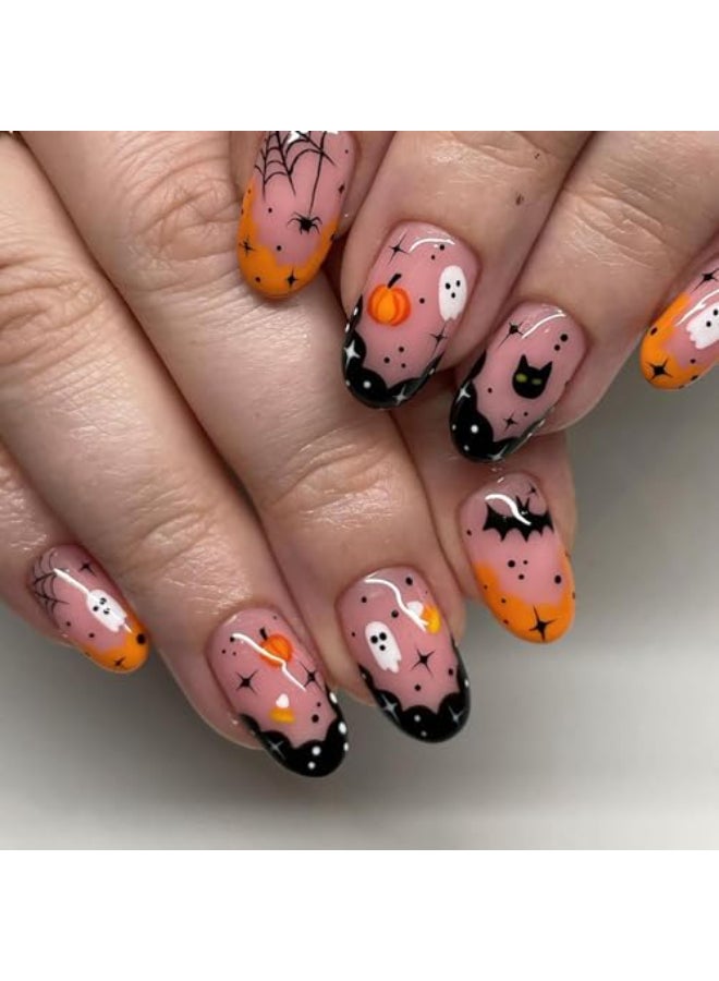 SPLOCUDU Halloween Press on Nails Short Almond Fake Nails Ghost Spider False Nails Designs Cute Halloween Acrylic Nails Full Cover Glue on Nails for Women - Image 1