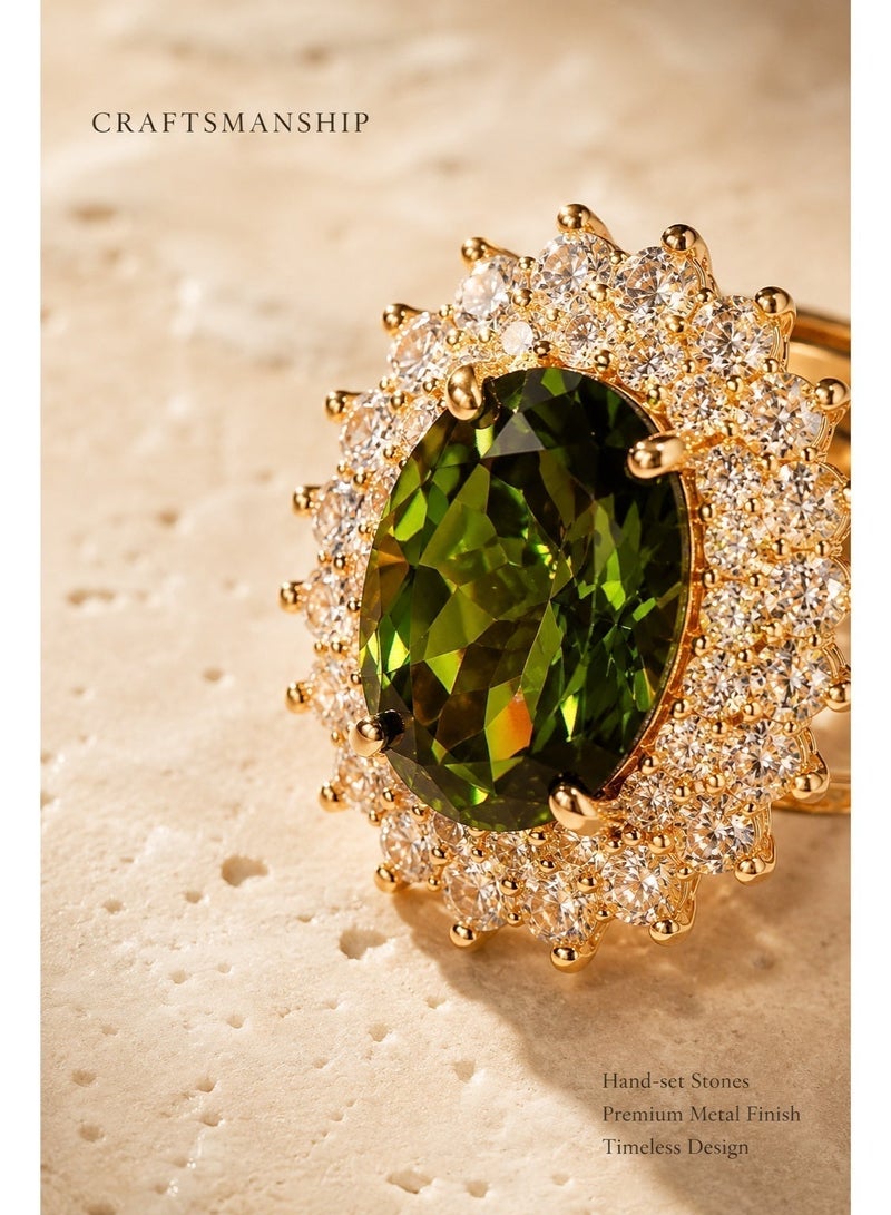 ZOCAI Luxury Adjustable Oval Green Crystal Ring for Women, Gold Plated Halo Zircon Statement Cocktail Ring, Elegant Wedding Party Jewelry Gift - Image 4