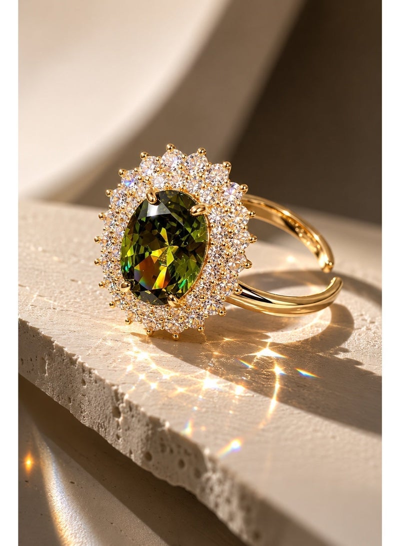 ZOCAI Luxury Adjustable Oval Green Crystal Ring for Women, Gold Plated Halo Zircon Statement Cocktail Ring, Elegant Wedding Party Jewelry Gift - Image 2