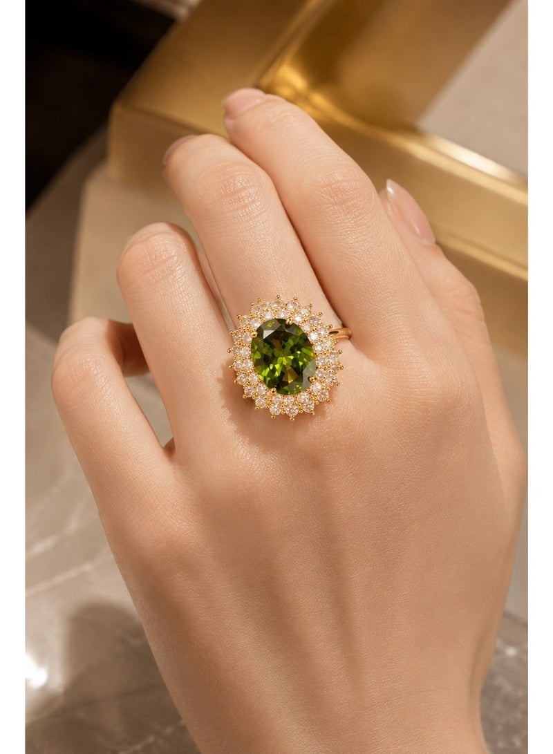 ZOCAI Luxury Adjustable Oval Green Crystal Ring for Women, Gold Plated Halo Zircon Statement Cocktail Ring, Elegant Wedding Party Jewelry Gift - Image 3