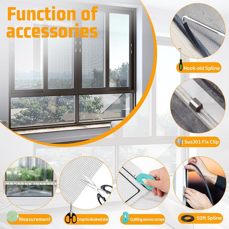 Ghguole Window Screen Replacement,Screen Door Repair Kit, 48"x178" Grey Window Screen Mesh,Including 50 FT Splines+Hooks+2 Rollers+8 Clips+Scissors+Knife+Tape Measure,Fully Equipped Window Screen Repair Kit - Image 5