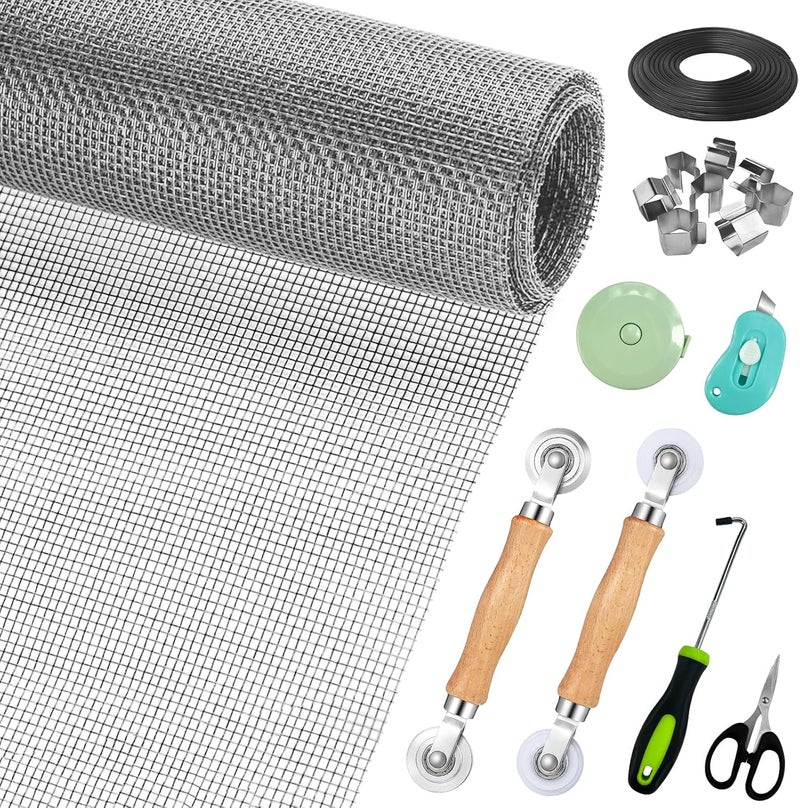 Ghguole Window Screen Replacement,Screen Door Repair Kit, 48"x178" Grey Window Screen Mesh,Including 50 FT Splines+Hooks+2 Rollers+8 Clips+Scissors+Knife+Tape Measure,Fully Equipped Window Screen Repair Kit - Image 1