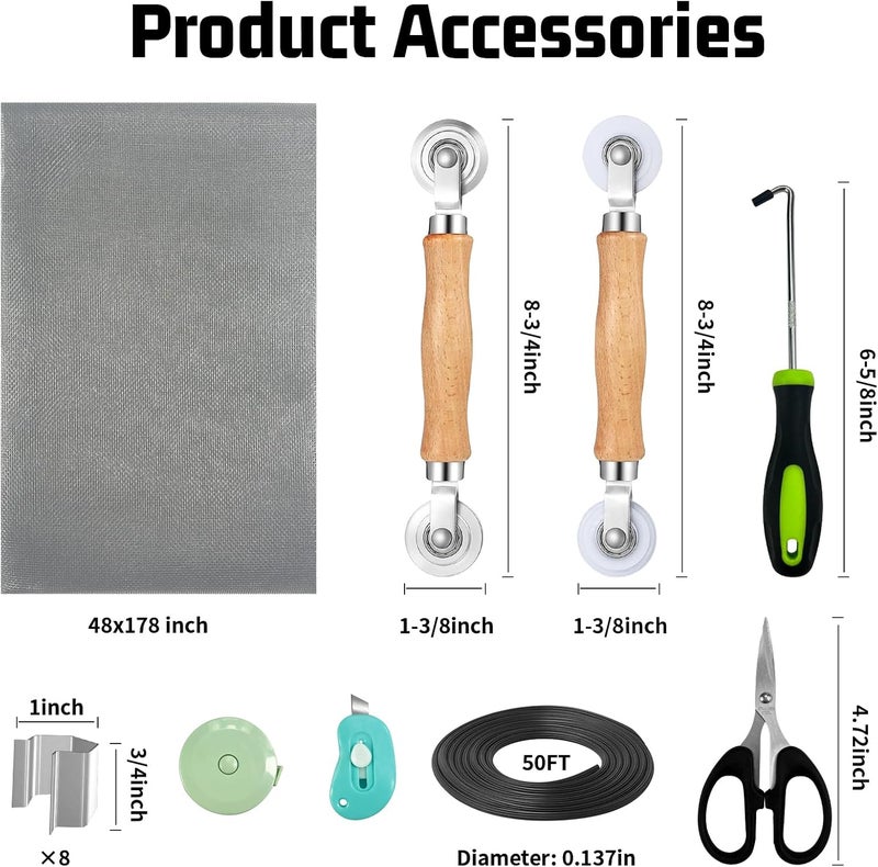 Ghguole Window Screen Replacement,Screen Door Repair Kit, 48"x178" Grey Window Screen Mesh,Including 50 FT Splines+Hooks+2 Rollers+8 Clips+Scissors+Knife+Tape Measure,Fully Equipped Window Screen Repair Kit - Image 2