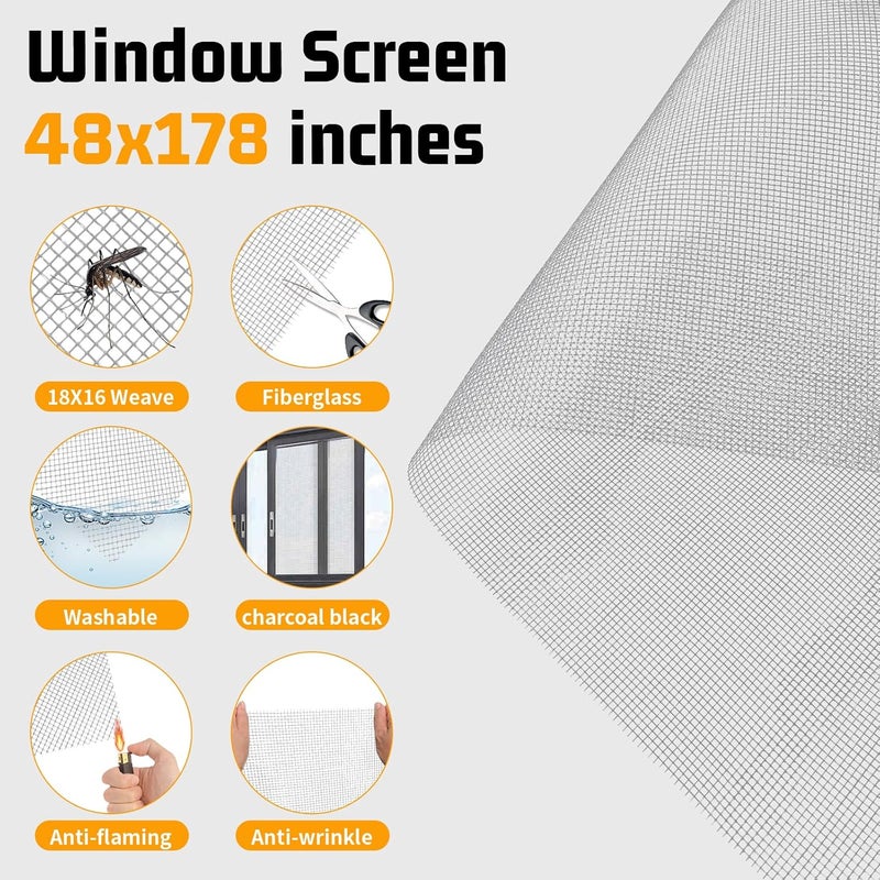 Ghguole Window Screen Replacement,Screen Door Repair Kit, 48"x178" Grey Window Screen Mesh,Including 50 FT Splines+Hooks+2 Rollers+8 Clips+Scissors+Knife+Tape Measure,Fully Equipped Window Screen Repair Kit - Image 3