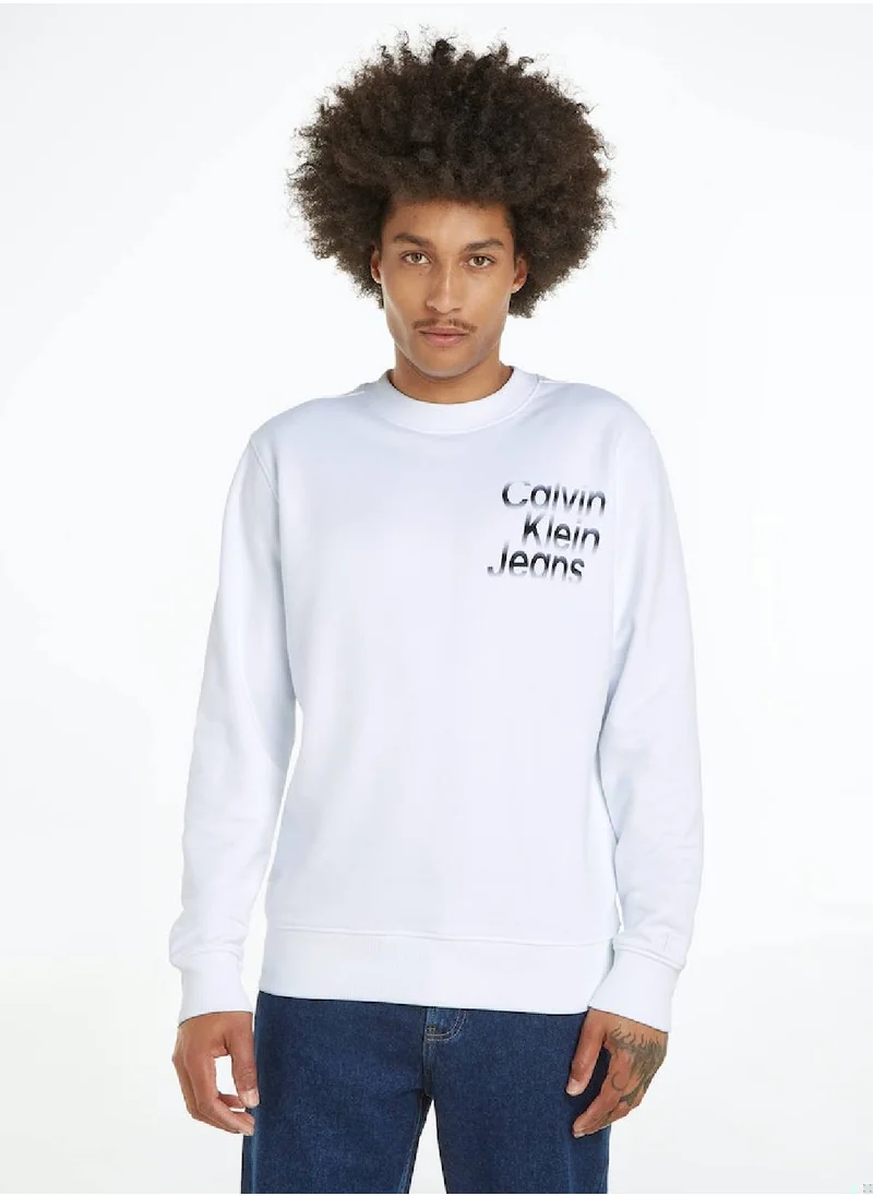 Calvin Klein Jeans Men's Diffused Stacked Crewneck Pullover Sweatshirt - Cotton, White