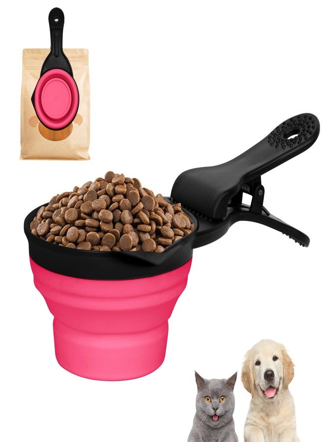 PNEUICALLY Collapsible Dog Food Scoop Foldable Pet Food Bag Clip 3 in 1 Multi-function Silicone Cat Food Measuring Cup Scoop Dog Food Scooper Pet Food Storage Clip (Rose Red, 1 Cup Capacity(1 Pack)) - Image 1