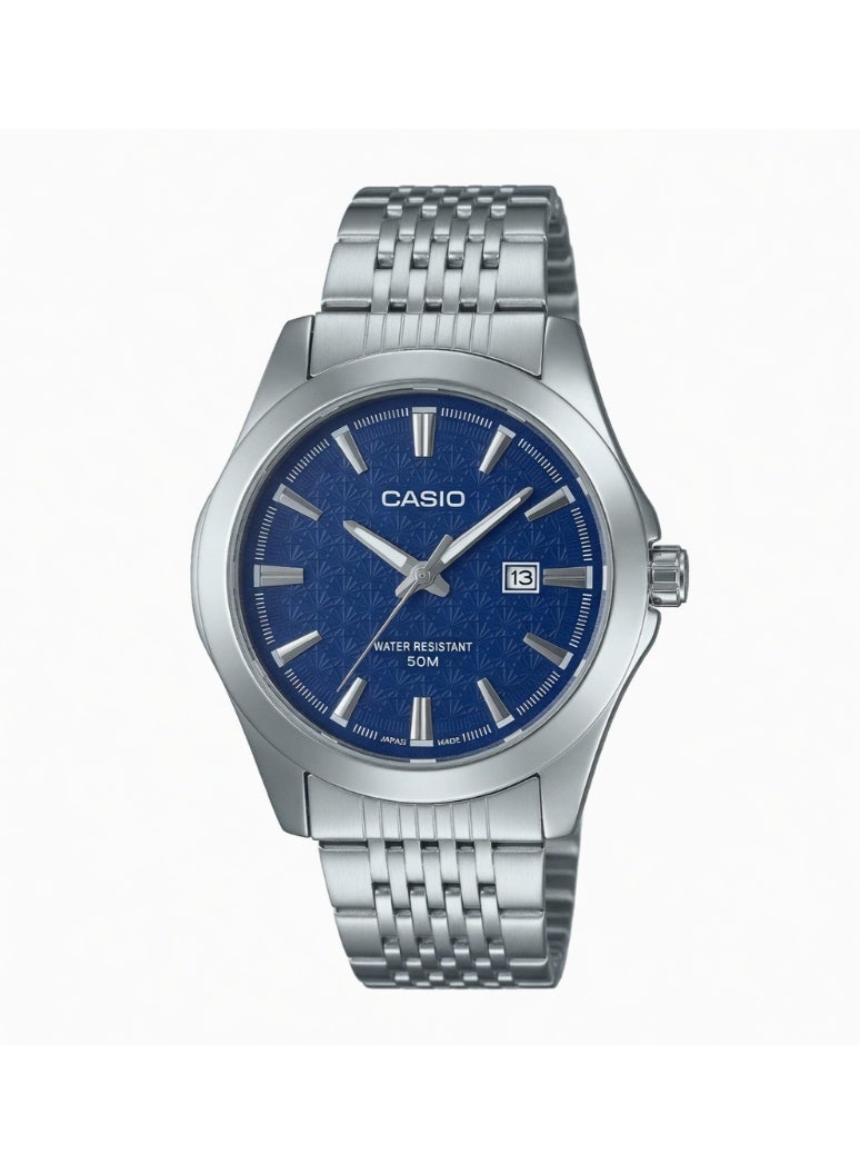 Casio Enticer Men’s Dress Watch with Navy Blue Geometric Pattern Dial and Stainless Steel Bracelet - Model MTP-VD03D-2A