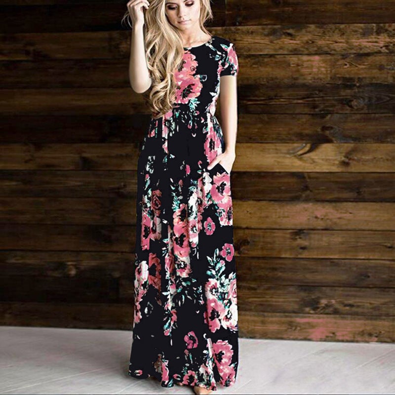 2022 new European and American foreign trade parent-child ebay printed mother-daughter dress womens nine-point sleeve dress Europe and the United States Black short sleeve 