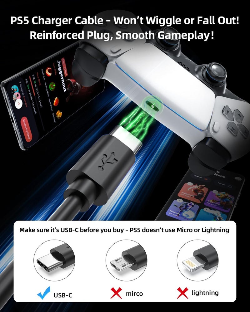 كابل USB C لجهاز Xbox Series X Core، وأجهزة التحكم DualSense الخاصة بجهاز PlayStation 5 PS5، وكابل شاحن سريع لأجهزة التحكم Xbox Series S Core، وكابل شحن PS5، وسلك شحن من النوع C بطول 5 أقدام - Image 2