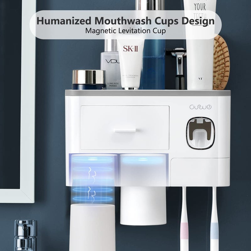 TYZAG TYZAG Plastic Toothbrush Holder Wall Mounted Toothbrush Holders for Bathroom Toothpaste Dispenser with 6 Toothbrush Holder Hook 2 Cup White  - Image 2