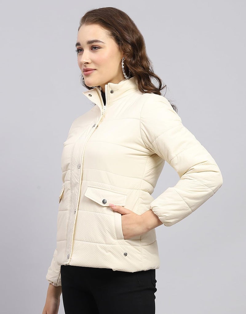 Monte Carlo Womens Solid Cream Mock Neck Full Sleeve Jacket - Image 3