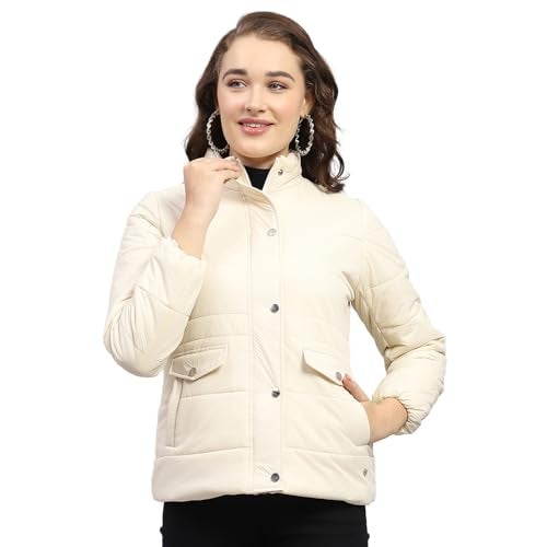 Monte Carlo Womens Solid Cream Mock Neck Full Sleeve Jacket - Image 1
