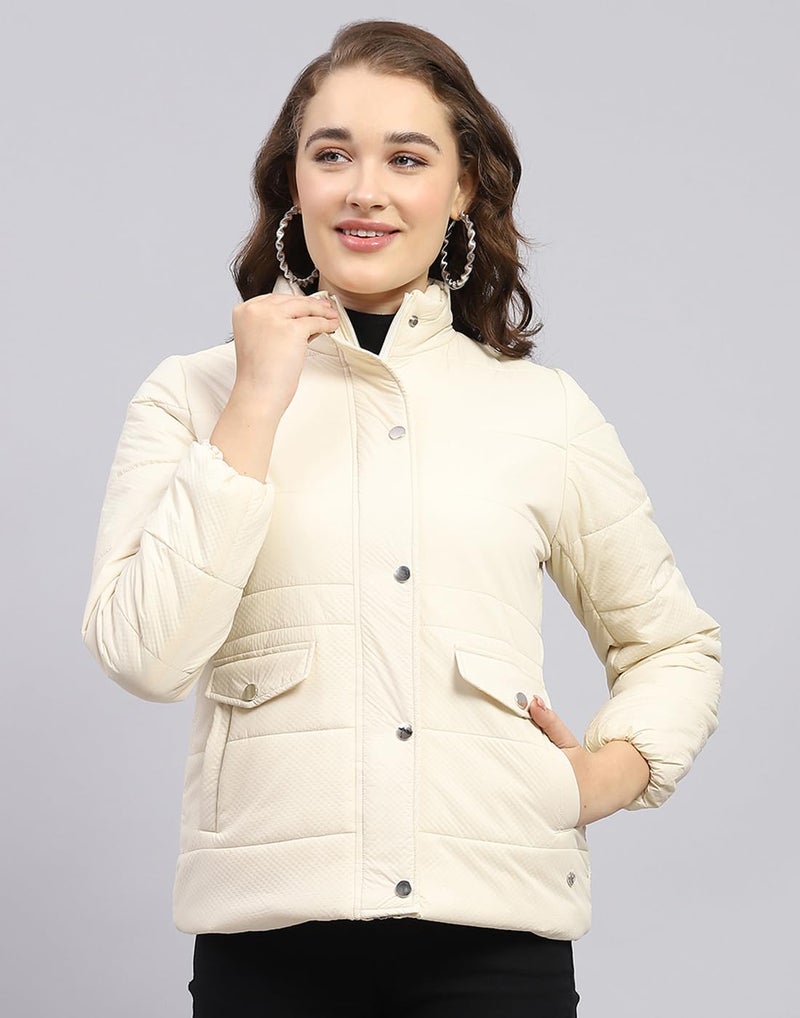 Monte Carlo Womens Solid Cream Mock Neck Full Sleeve Jacket - Image 2