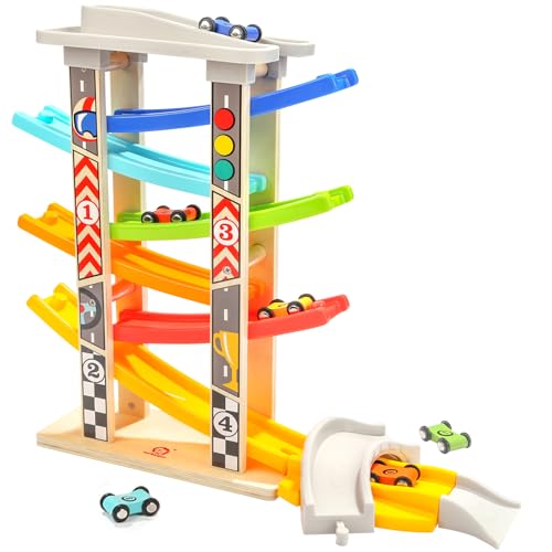 TOP BRIGHT Wooden Car Ramp Race Track Toy for Toddlers 14 Years Montessori Educational Learning Toy for 2 Year Old Boys Girls Gifts with 6 Mini Cars - Image 1