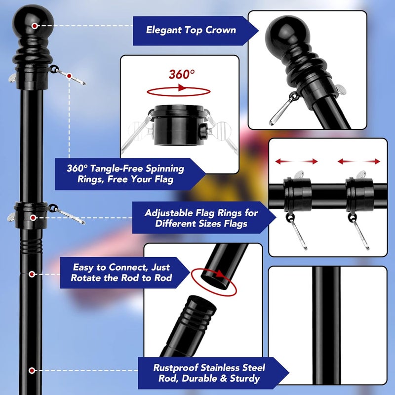 Hoople Flag Pole Kit - Wall Mount with Bracket, Tangle Free for Residential or Commercial Use - Image 2
