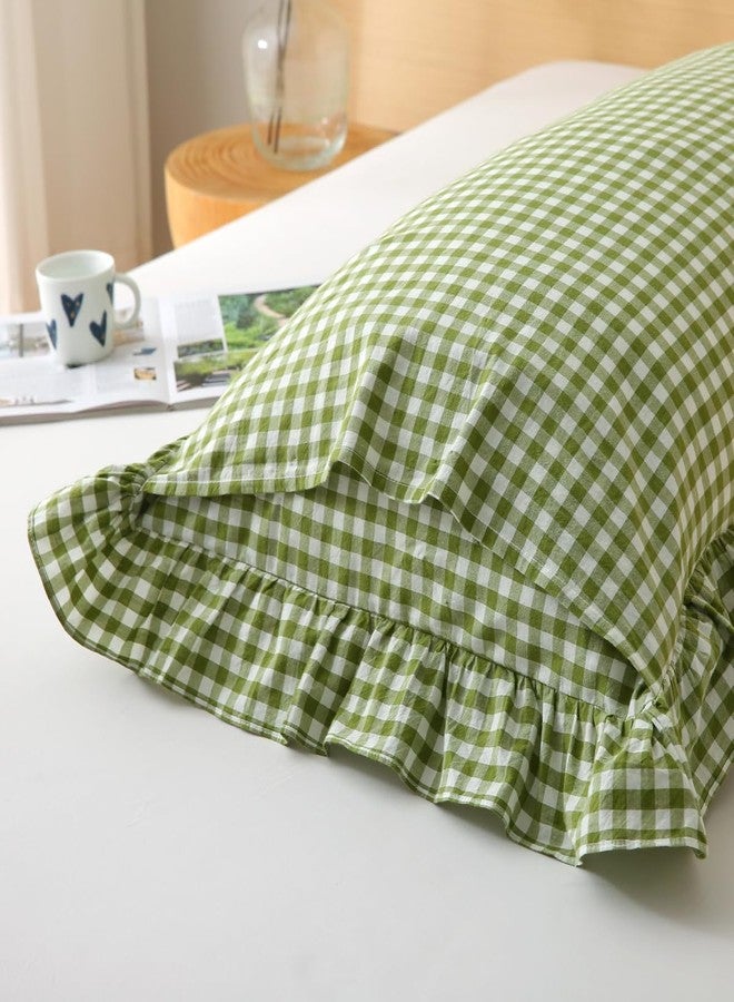 Silnuo Green/White Plaid Ruffled Body Pillow Cover Washed Cotton Farmhouse Checkered Gingham 1 Piece Pillowcase for Living Room 20"x54" - Image 4