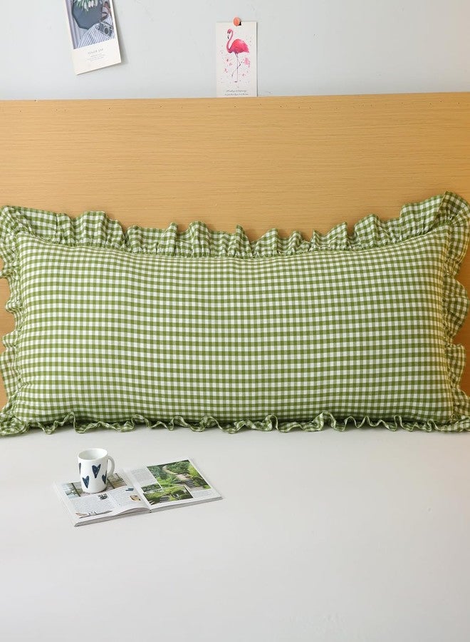 Silnuo Green/White Plaid Ruffled Body Pillow Cover Washed Cotton Farmhouse Checkered Gingham 1 Piece Pillowcase for Living Room 20"x54" - Image 2