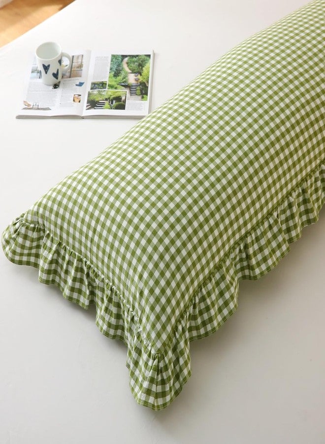 Silnuo Green/White Plaid Ruffled Body Pillow Cover Washed Cotton Farmhouse Checkered Gingham 1 Piece Pillowcase for Living Room 20"x54" - Image 3