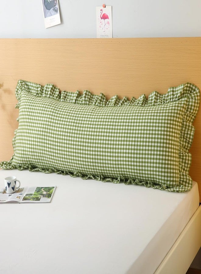 Silnuo Green/White Plaid Ruffled Body Pillow Cover Washed Cotton Farmhouse Checkered Gingham 1 Piece Pillowcase for Living Room 20"x54" - Image 1