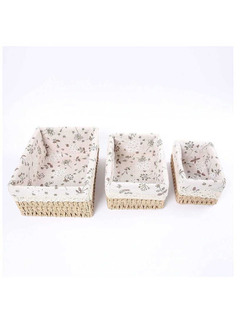Cozy Nest - Set of 3 Eco-Friendly Handwoven Storage Baskets – Durable Rectangular Woven Bins with Sturdy Plastic Frame, Removable Fabric Lining, Decorative Macrame Design for Sundries, Toys, Books, Toiletries, and Elegant Home Organization - Beige - Image 1