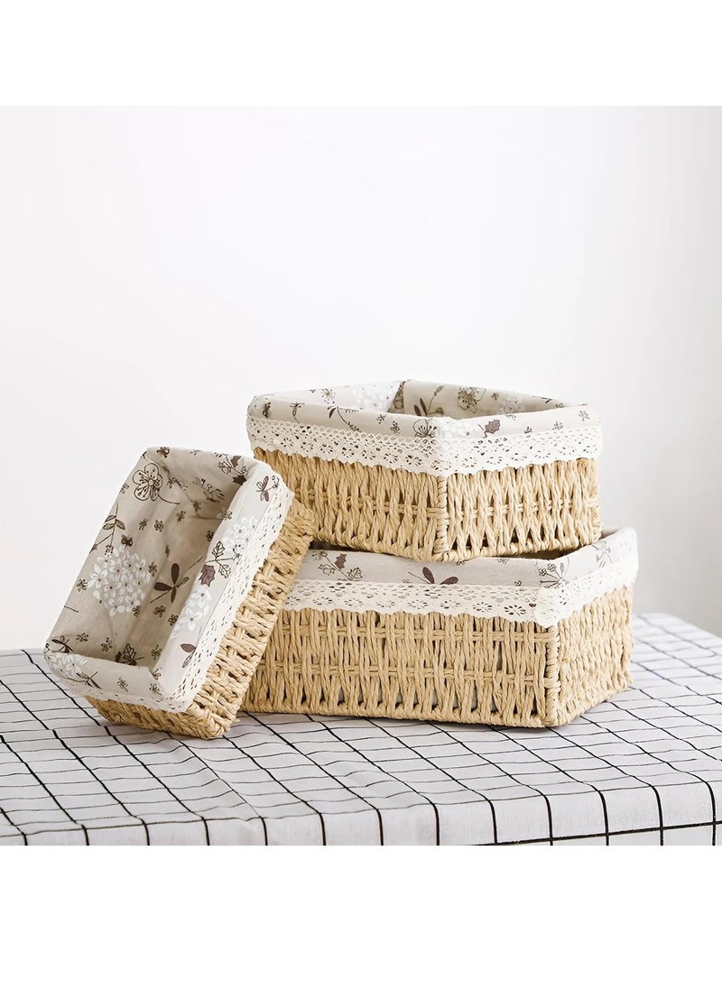 Cozy Nest - Set of 3 Eco-Friendly Handwoven Storage Baskets – Durable Rectangular Woven Bins with Sturdy Plastic Frame, Removable Fabric Lining, Decorative Macrame Design for Sundries, Toys, Books, Toiletries, and Elegant Home Organization - Beige - Image 1