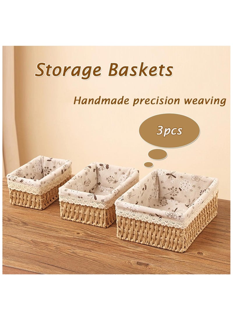 Cozy Nest - Set of 3 Eco-Friendly Handwoven Storage Baskets – Durable Rectangular Woven Bins with Sturdy Plastic Frame, Removable Fabric Lining, Decorative Macrame Design for Sundries, Toys, Books, Toiletries, and Elegant Home Organization - Beige - Image 1